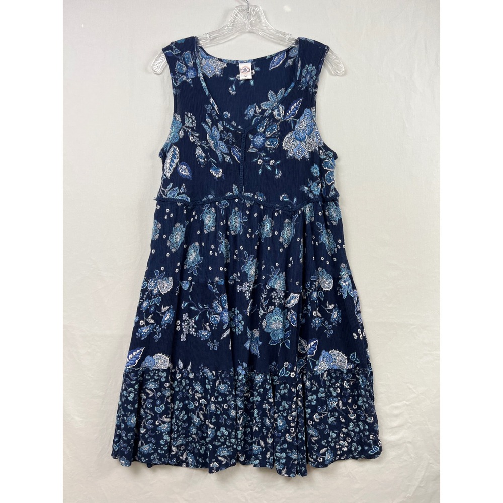 Bila Floral Tiered Gauze Dress Womens Medium Navy Blue V-Neck Sleeveless